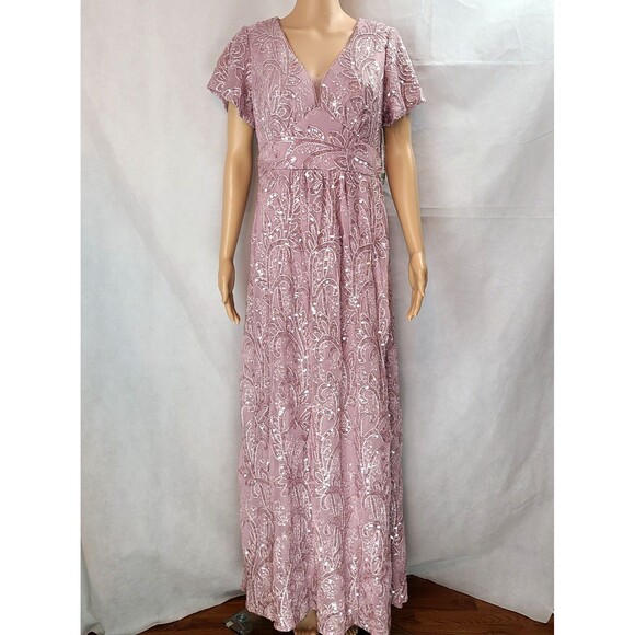 New R&M Richards Women's (8) Rose Embroidered & Sequin Flutter Sleeve Maxi Dress - Picture 2 of 16